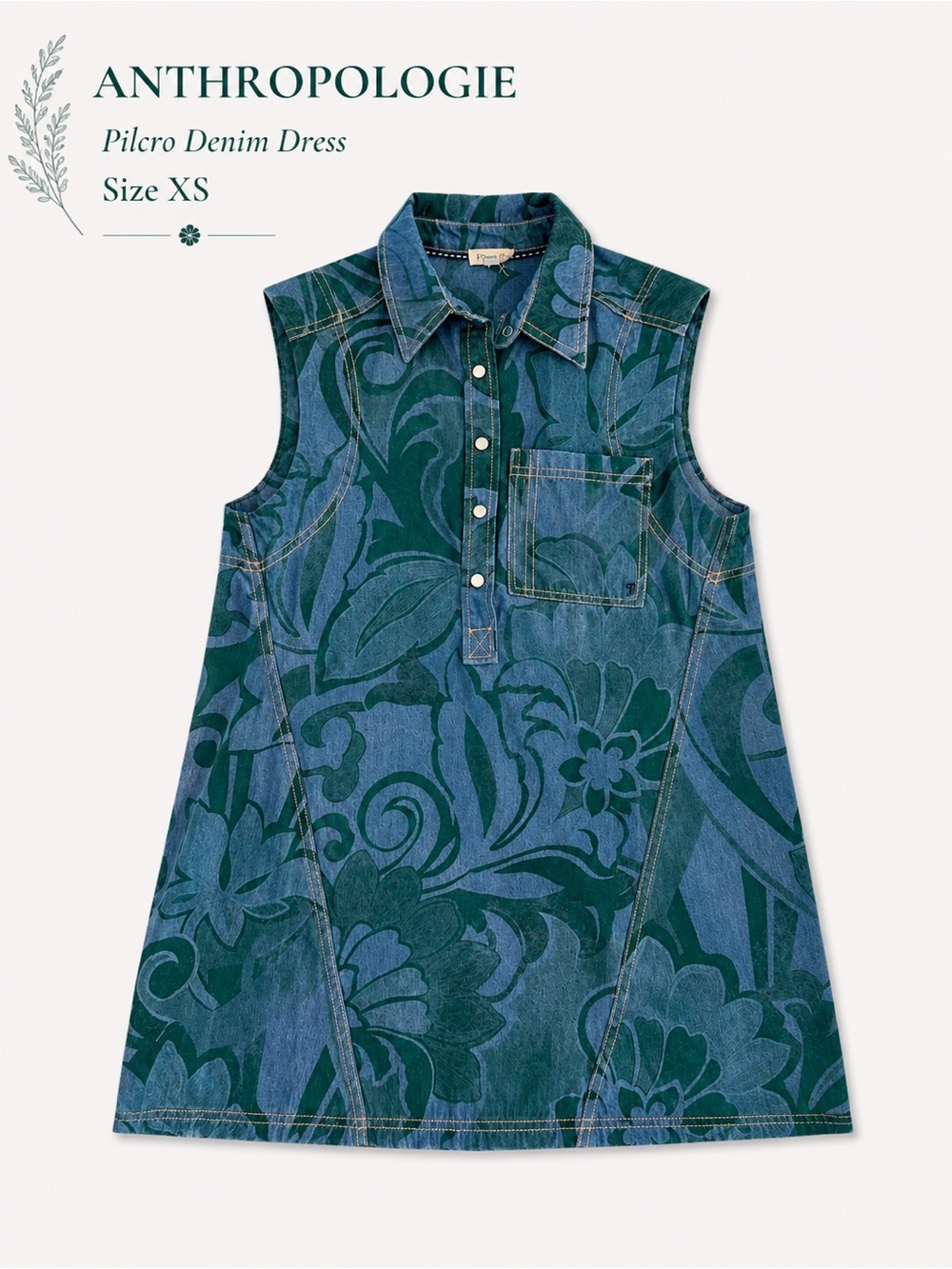 Pilcro Denim Dress with Green Floral Print